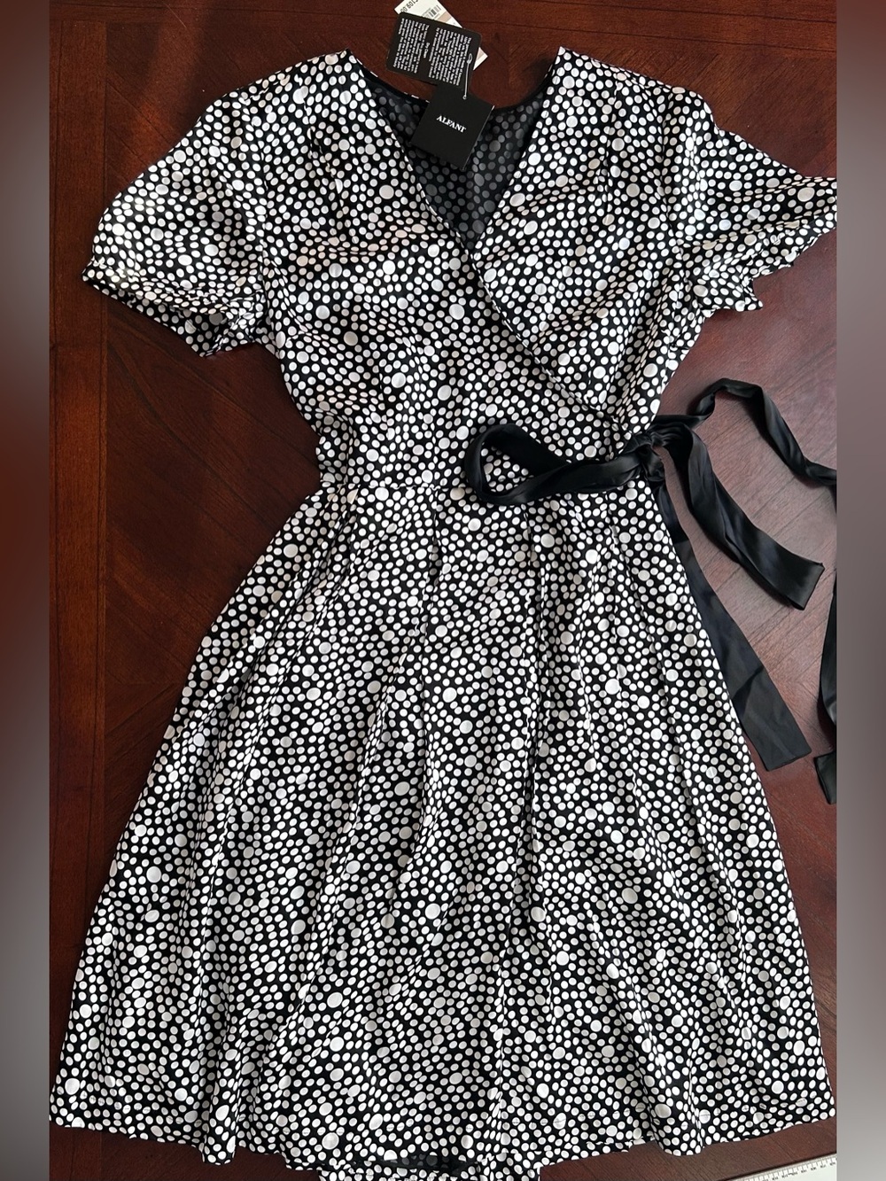 New Alfani Black and White Polka Dot Maxi Wrap Dress 100% silk size 12